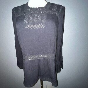 J. CREW POINT SUR Black Cotton Crepe & Lacey Bodice Waist & Sleeve Top Blouse 12